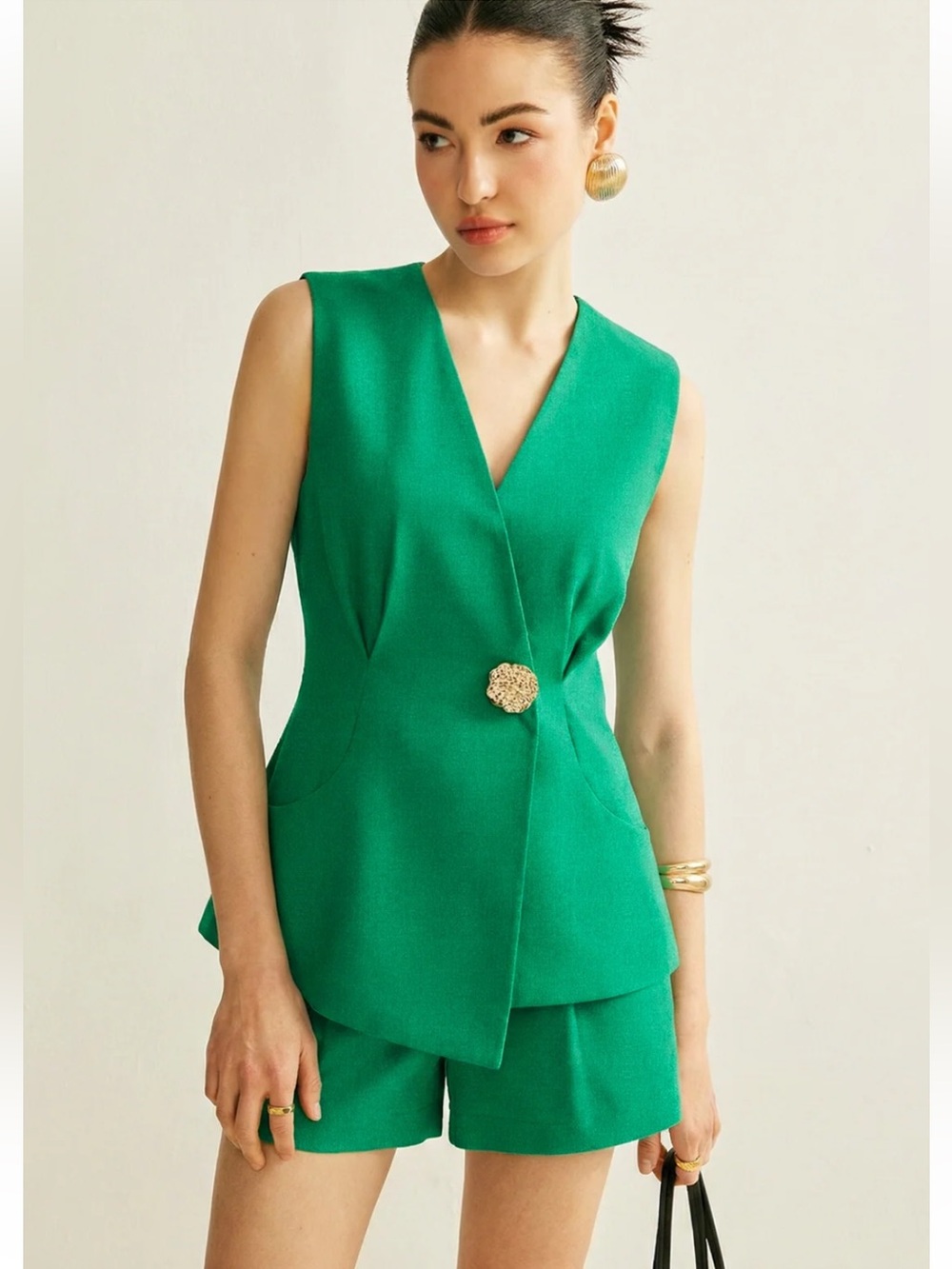 Commense Sleeveless Emerald Green Tailored Vest & Short Set Large
